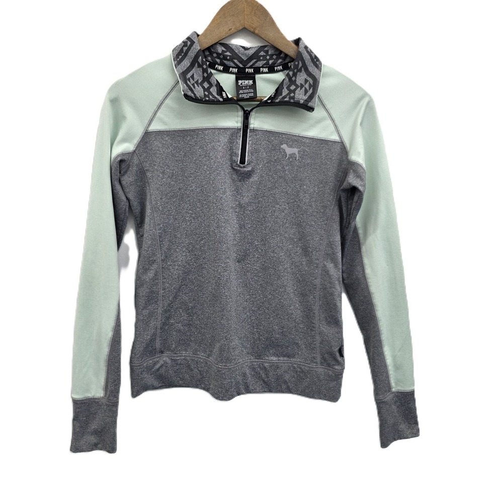 Victoria's Secret PINK Womens S Gray Mint Colorblock Quarter Zip Pullover